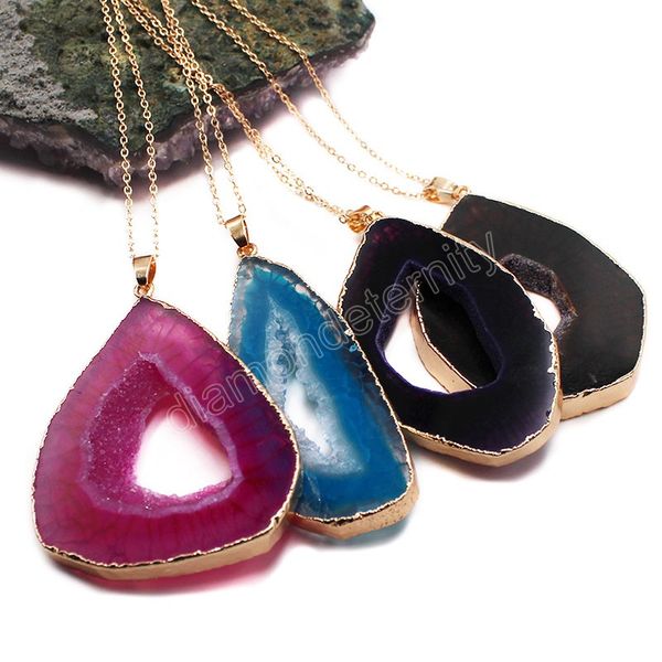 

natural geode irregular slice blue stone druzy quartz pendant necklace for women healing crystal necklaces, Silver