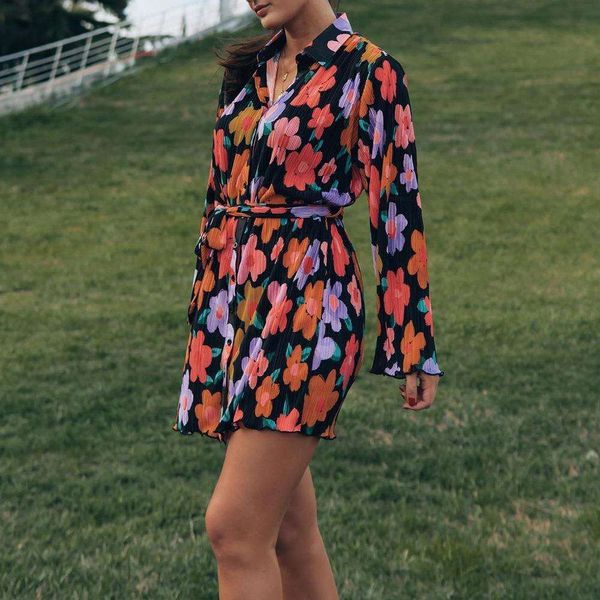

shirt skirt womens style floral print short lace long sleeve dress, Black;gray