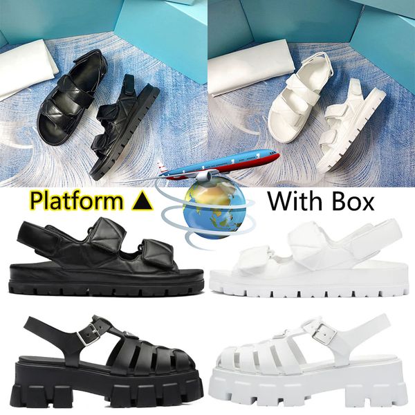 

with box designer sandals womens dad sandals foam women fashion heels platform prad slides rubber wedge sandal triangle metal slippers beach, Black