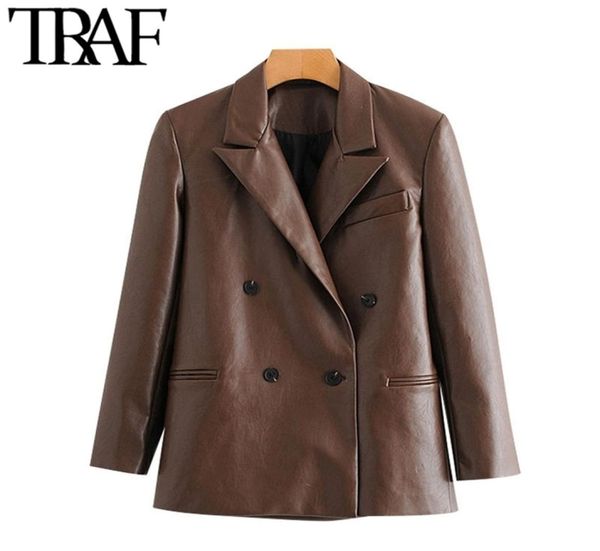 

traf women fashion double breasted faux leather blazers coat vintage notched long sleeve female outerwear chic 2011142700777, White;black