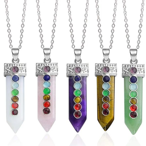 

7 chakra amethyst pendant necklace handmade reiki healing crystal amulet stone jewelry for women men, Silver