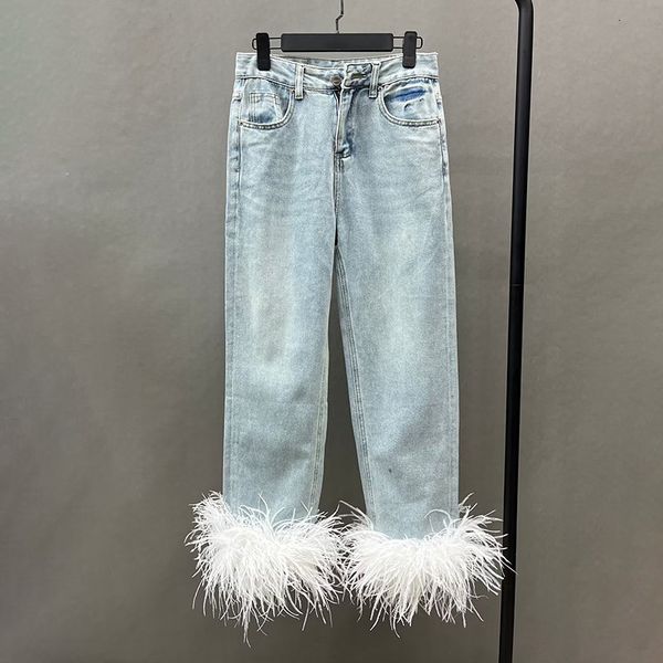 

women's jean's jeans loose bleached real ostrich feather streetwear vintage allmatch trousers chic elegant denim basic spring s551, Blue
