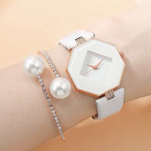 

wristwatches 2pcs white simple watch pearl bracelet for women personality irregularly quartz set 230802, Slivery;brown