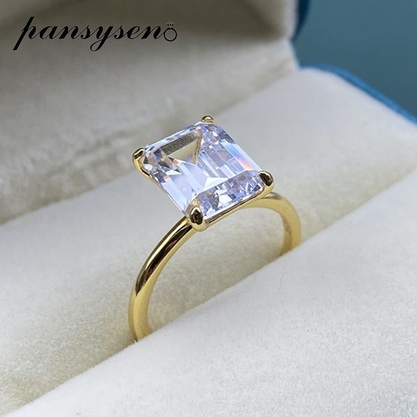 

wedding rings pansysen whiteyellowrose gold color luxury 8x10mm emerald cut aaa zircon rings for women 100% 925 sterling silver fine jewelry, Slivery;golden
