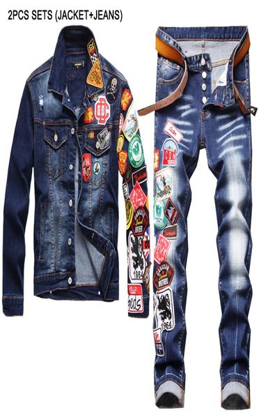 

new tracksuits multibadges jacket and jeans two piece sets men039s autumn winter slim embroidered badge denim coat and stretch7035559, Gray