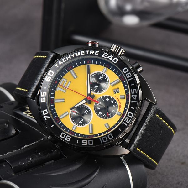 

heuerly master mens watch japan vk quartz movement subdial chronograph satch soft leather strap splash waterproof formula 1 design clock mon, Slivery;brown