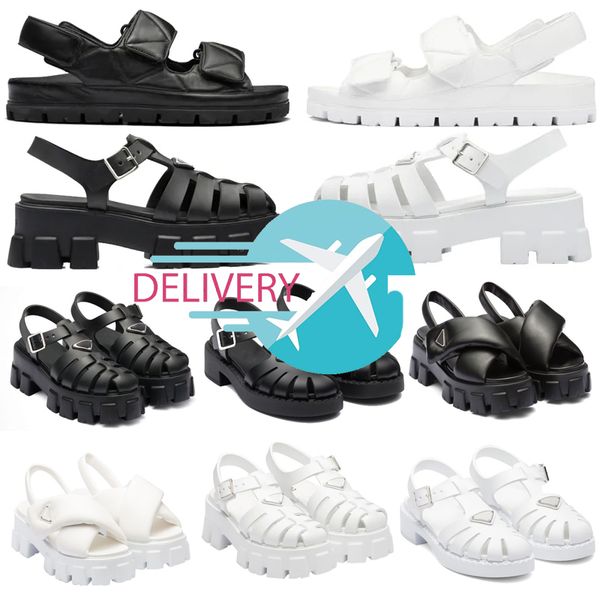 

2023 designer lady leather sandals rubber sandal womens fisherman platform slides triangle metal logo slippers retro beach loafers round toe, Black