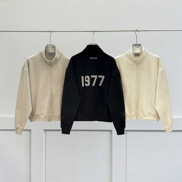 

essentils new high neck sweatshirts flocking hip hop loose men's and women's fashion oversized zip sweatshirt, Black