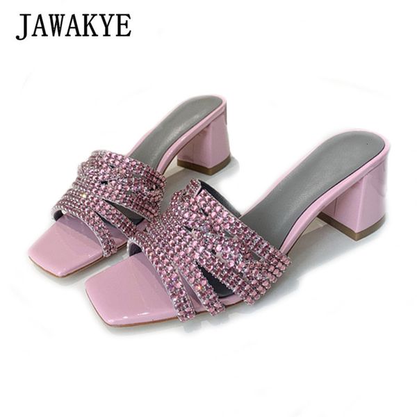 

sandals baby pink crystal chunky slippers women luxury slides hollow out square toe mules shiny leather party sandals 230802, Black