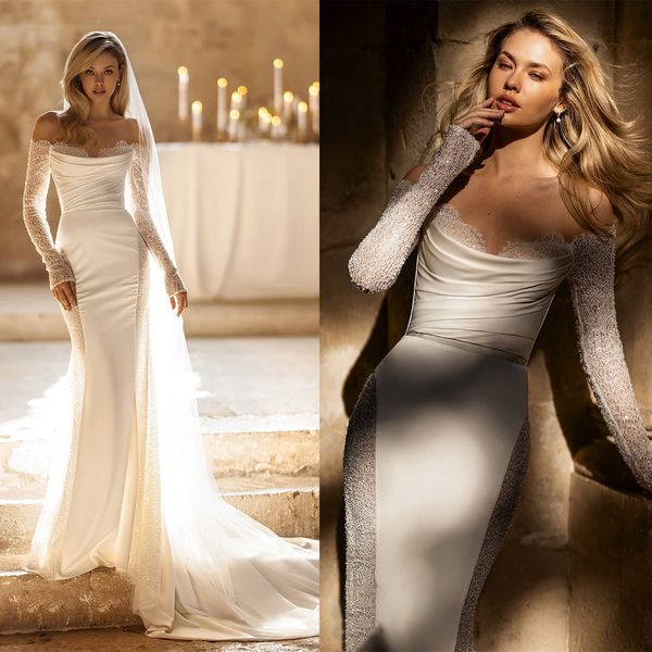 

luxury mermaid wedding dresses sweetheart long sleeves bridal gowns custom made appliques lace sweep train robe de mariee, White
