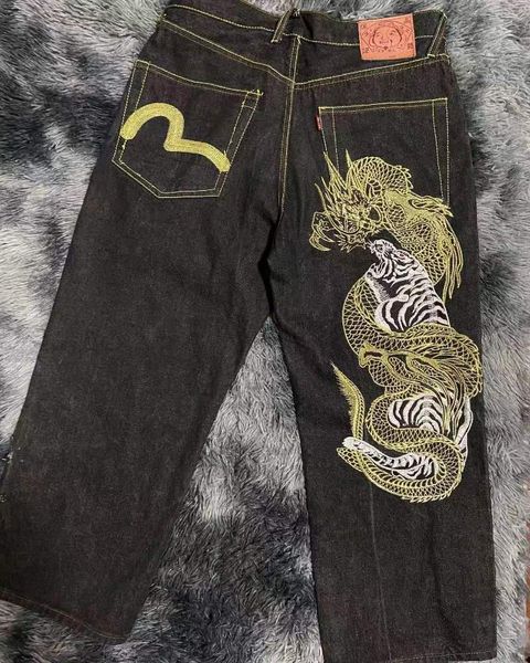 

men's jeans harajuku retro hip hop dragon pattern jeans black oversized baggy y2k jeans men women gothic wide trousers streetwear 23080, Blue