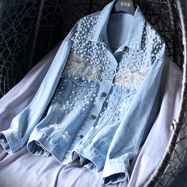 

women s jackets spring women pearls beaded denim coat lace floral embroidered jeans jacket short cowboy cardigan streetwear jaqueta 2023 23, Black;brown
