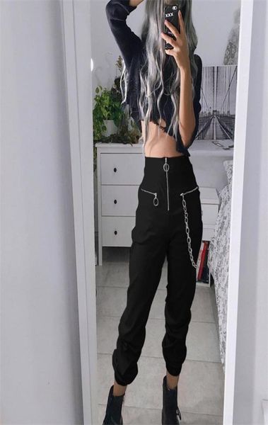 

goth girl harajuku dark pants women zipper high waist with chain trousers punk streetwear grunge style black harem pants female2251293, Black;white