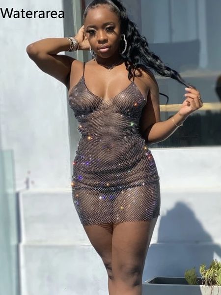

plus size dresses waterarea fashion glittering gold nightclub dress mesh perspective mini v neck camisole evening vestido summer 230803, Black