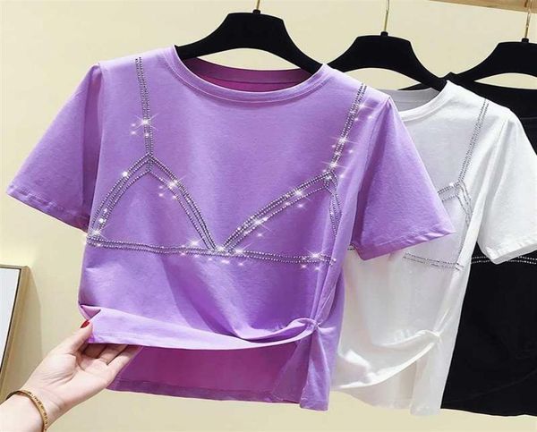 

gkfnmt crop tshirt summer t shirt women korean clothes casual woman tshirt short sleeve kawaii beading tee shirt233m9148361, White