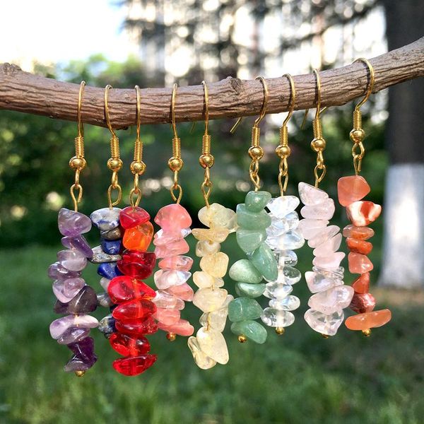 

natural stone chip bead dangle earrings reiki healing rubble fluorite amethyst lapis lazuli tiger's eye pink quartz chakra crystal earr, Silver
