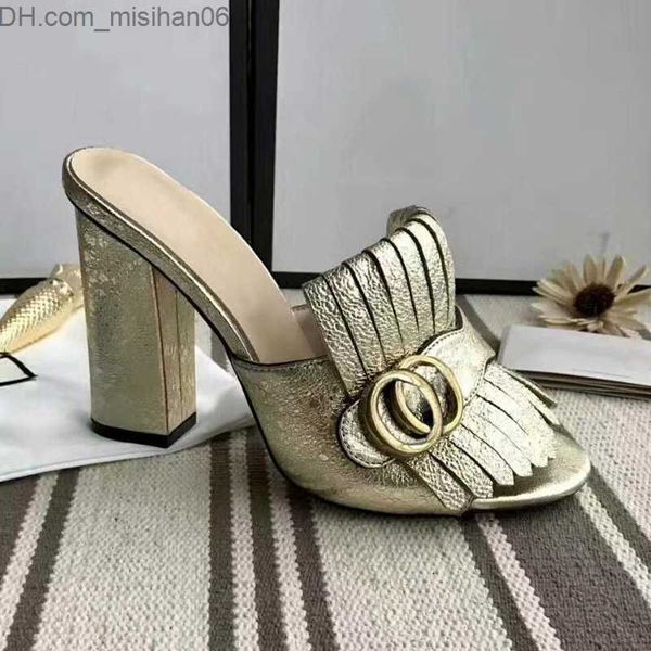 

sandals new arrival fringe tassel gladiator sandals woman open toe chunky high heel shoes women brand design muller shoes size35-40 z230803, Black