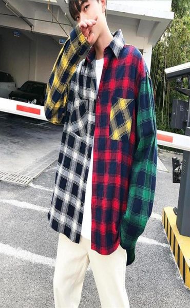 

new korean fashion kpop jacket shirts mens plaid shirts long sleeve streetwear hip hop male 100 cotton flannel loose 40o9459478, White;black