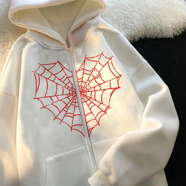 

women's hoodies sweatshirts spider web print jacket y2k jacket loose retro long sleeve fleece jacket zip hoodie halloween sports fashio, Black
