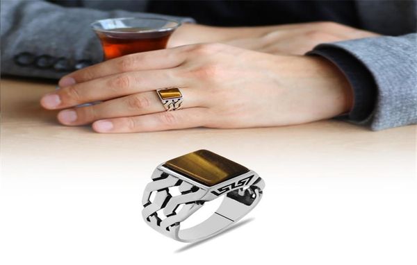 

925 sterling silver ring for men tiger stone jewelry fashion vintage gift onyx aqeq mens rings all size 211217271r8175782, Slivery;golden