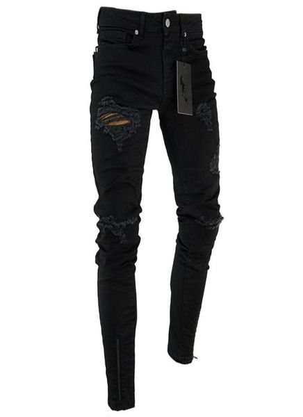 

men039s black ripped jeans washed frayed trousers zipper decoration street elastic pants3002066, Blue