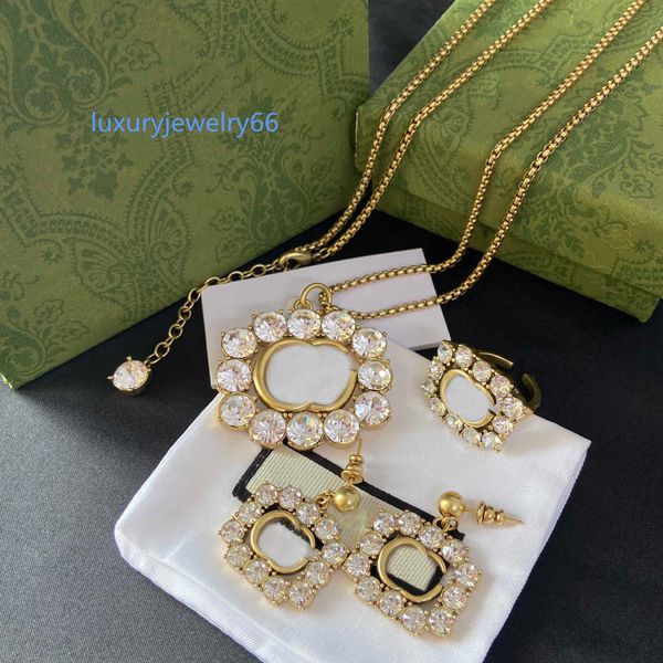 

sparkle rhinestone designer necklace earrings girl crystal ear studs double letter diamond pendant stud jewelry set, Black