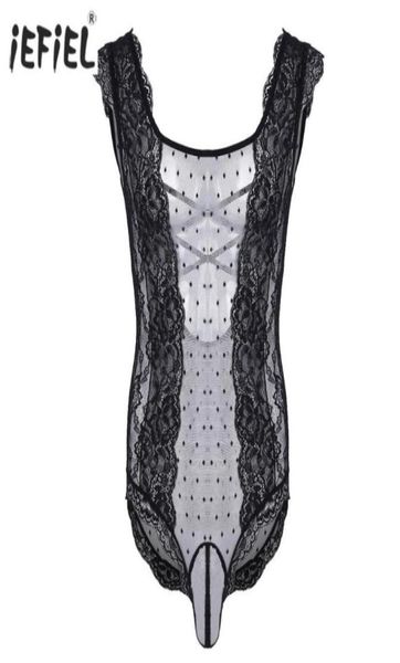 

men's g-strings men bodysuit floral lace polka dot one-piece jumpsuit lingerie gay underwear nightwear dress sissy pouch6744138, Black;brown