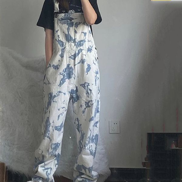 

women's jeans 5xl loose jumpsuit romper female dye tie printed wide leg overalls pant casual playsuit kz556 230803, Blue