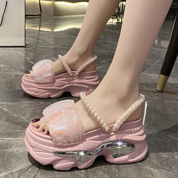 

sandals rimocy women's pearl strap chunky sandals summer thick bottom wedge slippers woman fashion pink lace platform sandals mujer 230, Black