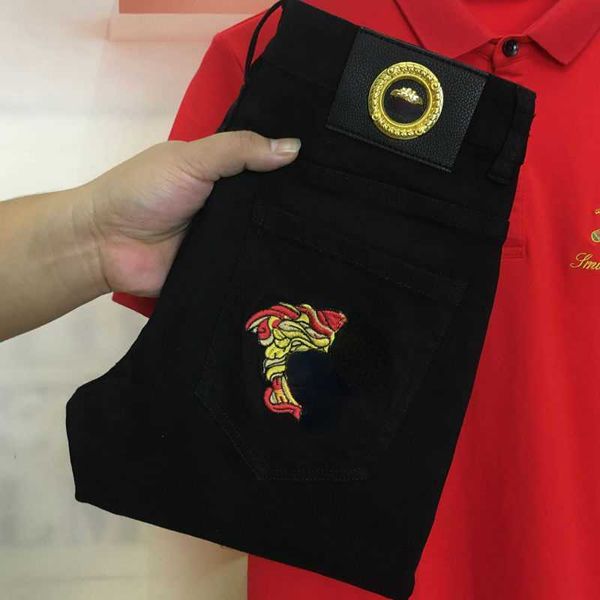 

jeans medusa embroidered trousers pants slim fit hip hop size 27-36, Blue