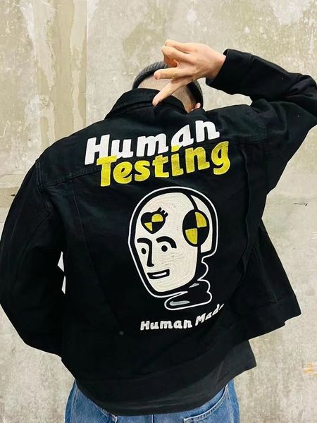 

men's jackets human made embroidered leather sleeve varsity heart embroidered casual loose oversized denim jacket wy569 230802, Black;brown