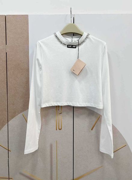 

summer new girls' style casual versatile slim and age reducing handmade nail diamond black label round neck long sleeve t-shirt, White