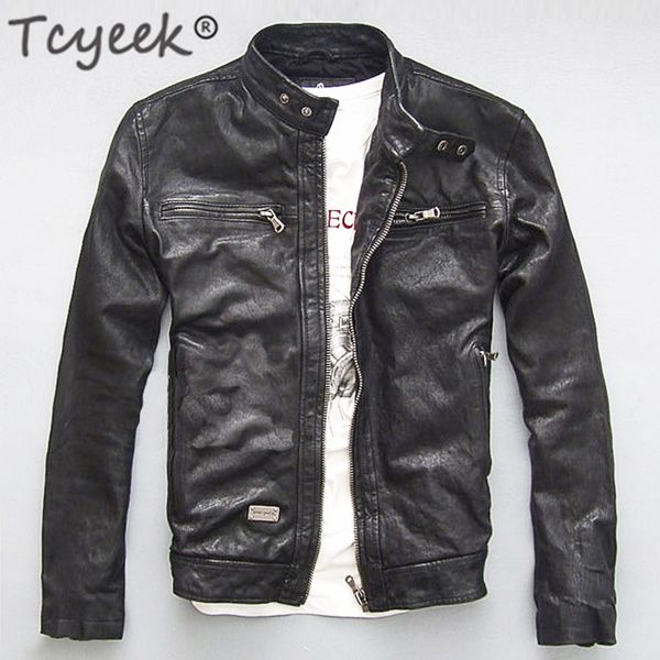 

men's vests tcyeek genuine leather jacket men real sheep goat black brown male bomber motorcycle jackets spring autumn mens clothes l1, Black;white