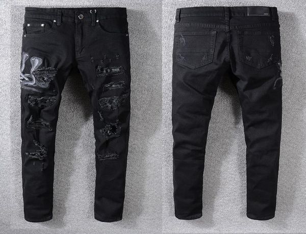 

2020 new men039s design snake jeans skinny ripped destroyed stretch slim fit hop hop pants with holes embroidered jeans size 287887907, Blue