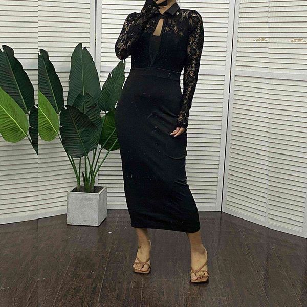 

spring and autumn style lace patchwork long sleeve tight fitting dress lapel butt pack for women, Black;gray