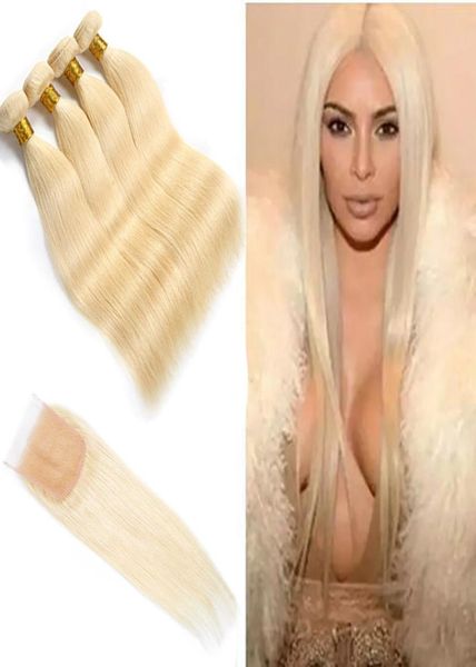 

brazilian human hair remy 613 color straight 4 bundles with 4x4 lace closure middle three part blonde hair products 830inch4582516, Black;brown
