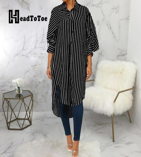 

striped print button loose casual fashion brief dress women long lantern sleeve turn down collar midcalf straight dresses5757727, Black;gray