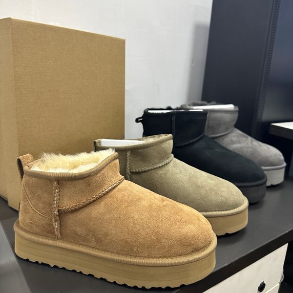 

ultra mini platform boot designer woman winter ankle australia snow boots thick bottom real leather warm fluffy booties with fur size 35-44, Black