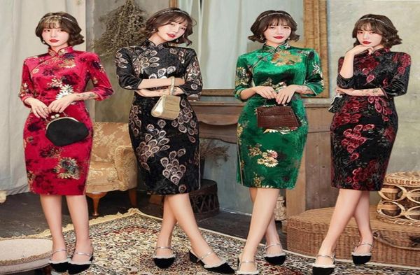 

casual dresses women qipao vintage lady cheongsam chinese style costume stand collar retro soft evening party dress elegant for7847729, Black;gray