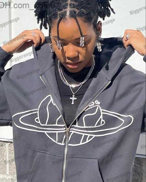 

men's hoodies sweatshirts new zipper hoodie planet graphic print hoodie men's gothic coat long sleeve sweatshirt women's y2k, Black