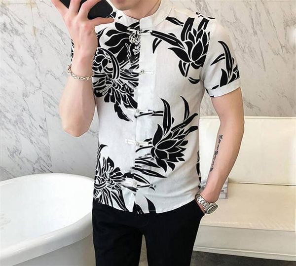 

incerun men vintage printed shirts man casual brand blusas hombre chemise short sleeve stand collar blouse retro buttons camisa2105465022, White;black