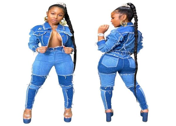 

womens tracksuits set active wear denim patchwork jackets jeans pants suit two piece matching set fitness outfits1321769, Gray