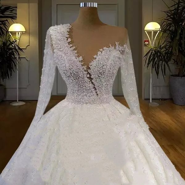 

new arrival luxury lace wedding dress long sleeve beaded ball gown bridal gown, White