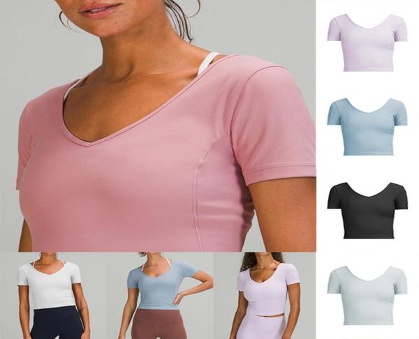 

beautiful back yoga t shirt clothes womens fashion new sports short-sleeved tight-fitting short t-shirt v-neck u-back fitness nylon high ela, White