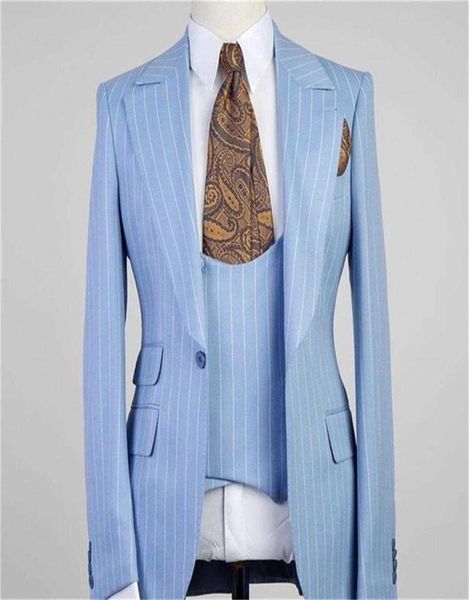 

costume homme light blue stripe men suits 3 pieces one button peak lapel casual groom wedding terno masculino slim fit blazer x0905664206, White;black