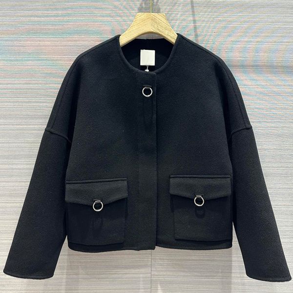 

8.3 elegant temperament crew neck long sleeve cashmere coat women, Black