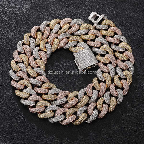 

hip hop mens jewelry iced out 20mm moissanite diamond thick 3 row 925 sterling silver tri-color prong cuban link chain necklaces