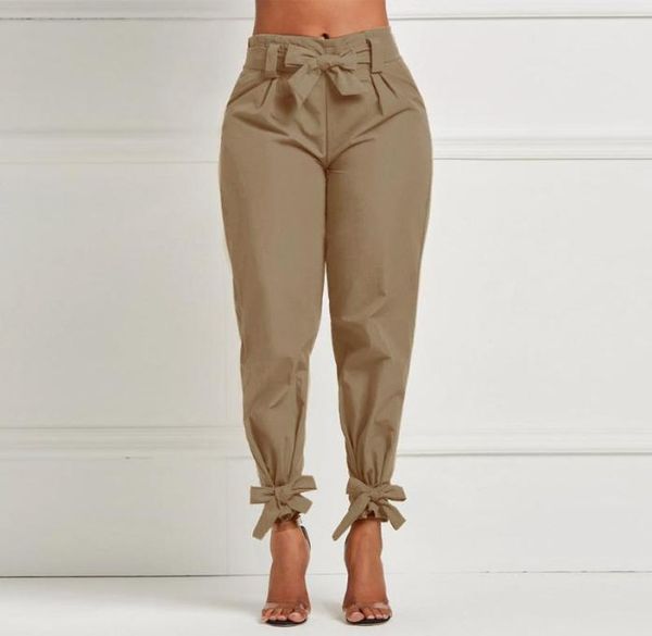 

women waist ruffle bow tie pants ladies solid color casual work tie bottom elastic trousers female pants2003049, Black;white