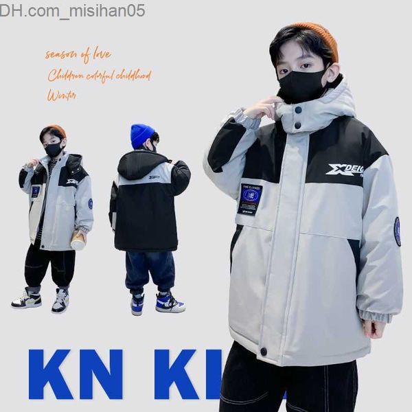 

down coat 2023 big size very keep warm winter boys and girls jacket teenager mid-length plus velvet thickening hooded cotton coat for kids l, Blue;gray