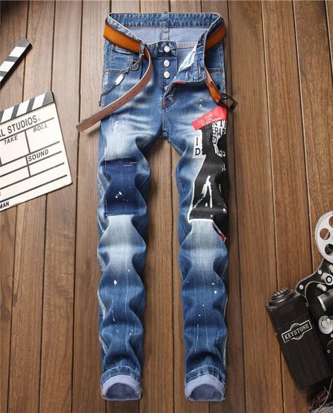

designer jeans for men fashion squared ripped hole mens skinny jean pants with letters brand straight luxury jeans clothing2326064, Blue